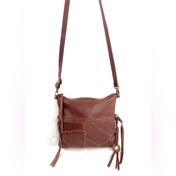 Lucky Brand Brown Textured Patchwork Leather Large Crossbody Bag Fringe Charm - Picture 1 of 10